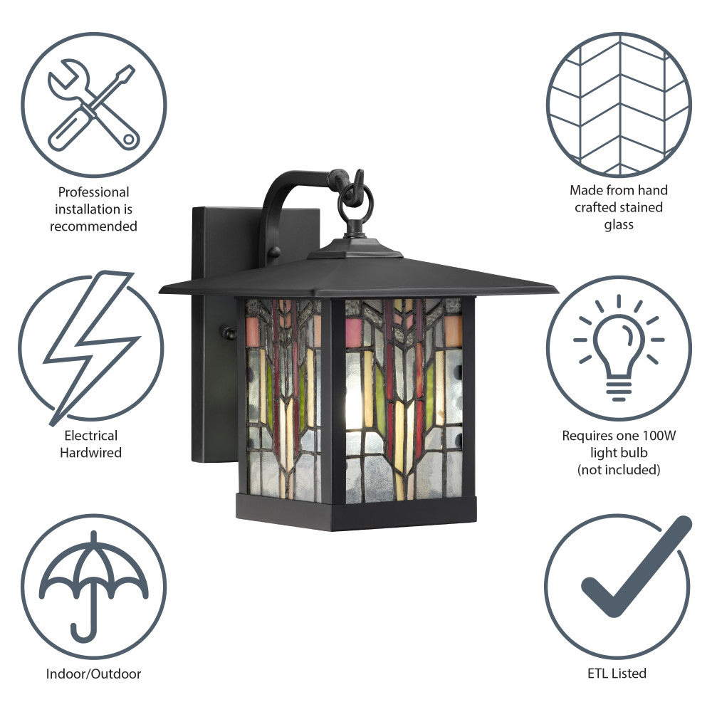 River of Goods Red Stained Glass and Black 1-Light Outdoor Lantern Wall Sconce