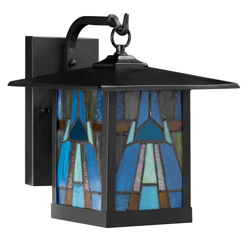 River of Goods Aqua and Amber Stained Glass and Black 1-Light Outdoor Lantern Wall Sconce