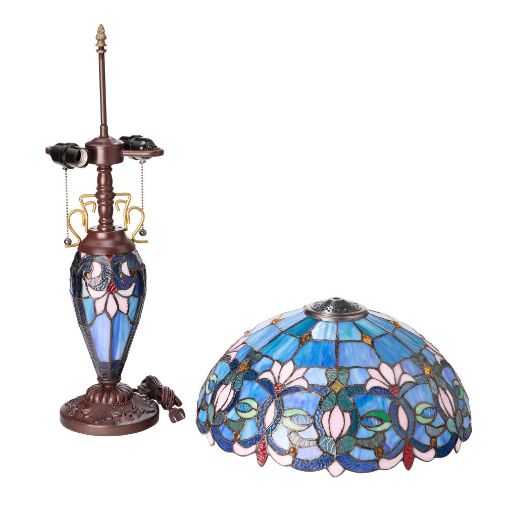 24.5" H Victorian Blue Dome Shade Double Lit Tiffany-Style Stained Glass Table Lamp