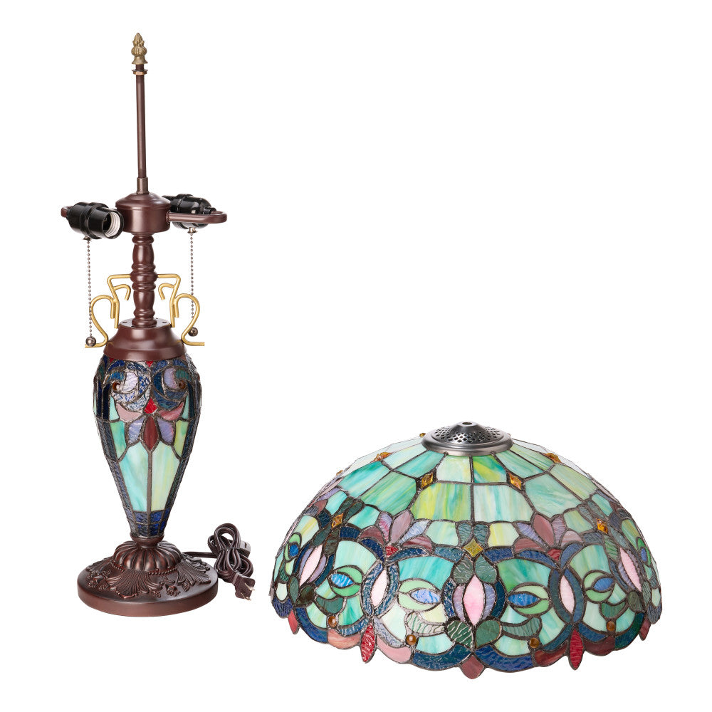24.5" H Victorian Green Dome Shade Double Lit Tiffany-Style Stained Glass Table Lamp