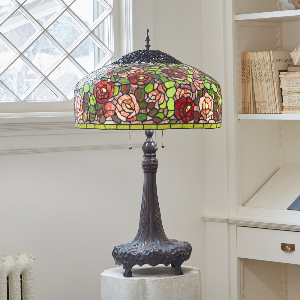 35.5"H Rose Bush Tiffany-Style Stained Glass Table Lamp