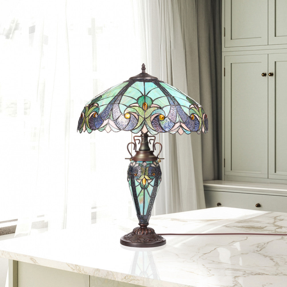 24.5" H Halston Double Lit Teal Bowl Shade Stained Glass Table Lamp
