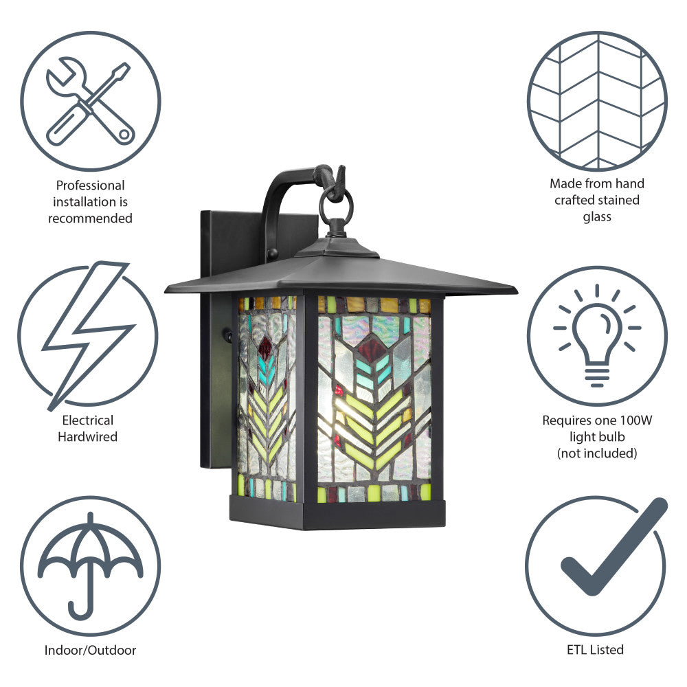 River of Goods Multicolor Stained Glass and Black 1-Light Outdoor Lantern Wall Sconce