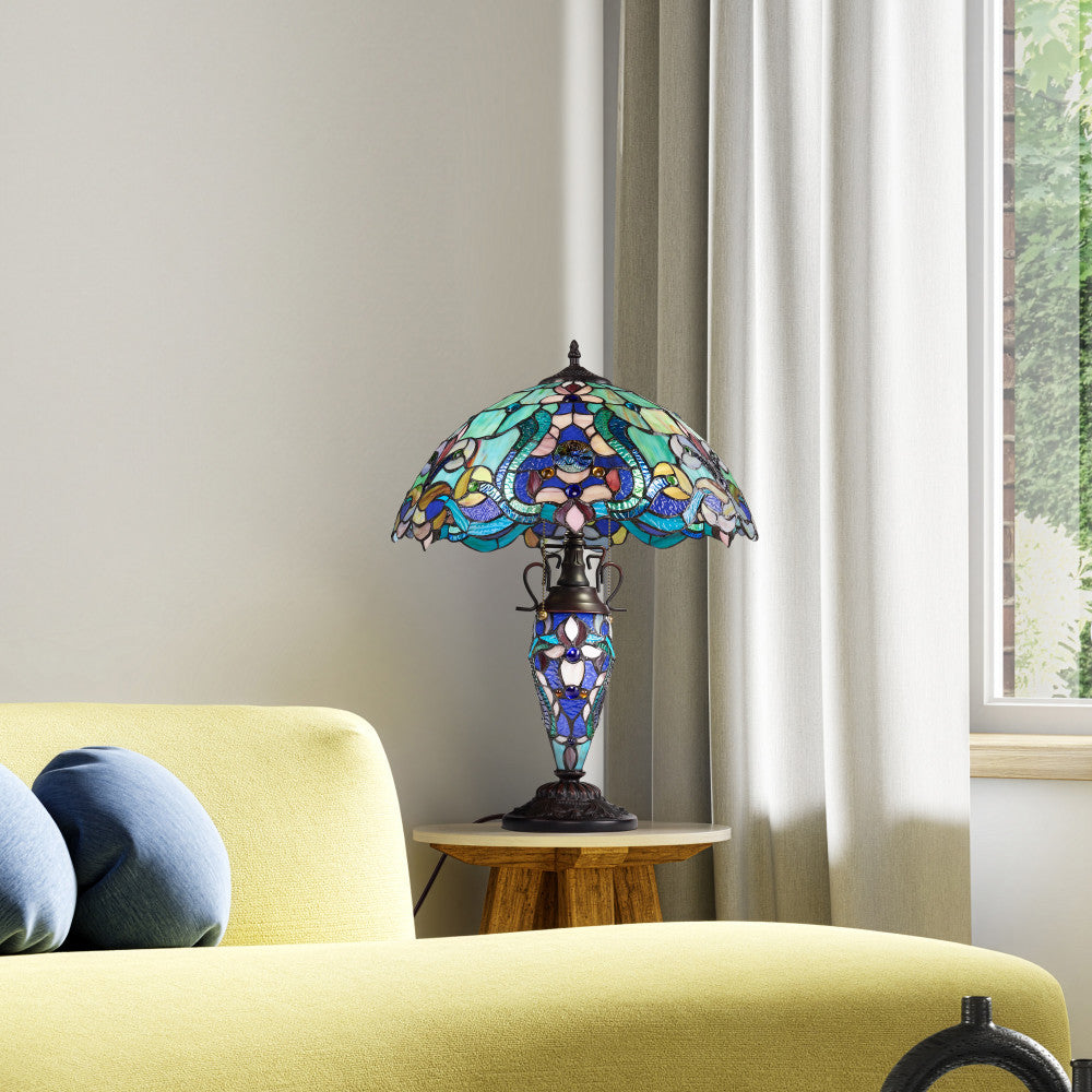 24" H Margaret Double Lit Teal Tiffany Style Stained Glass Table Lamp